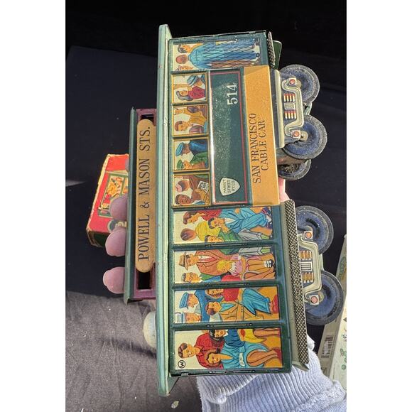Rare POWELL & MASON STS SAN FRANCISCO CABLE CAR TROLLEY FRICITON TIN TOY JAPAN - Picture 8 of 11